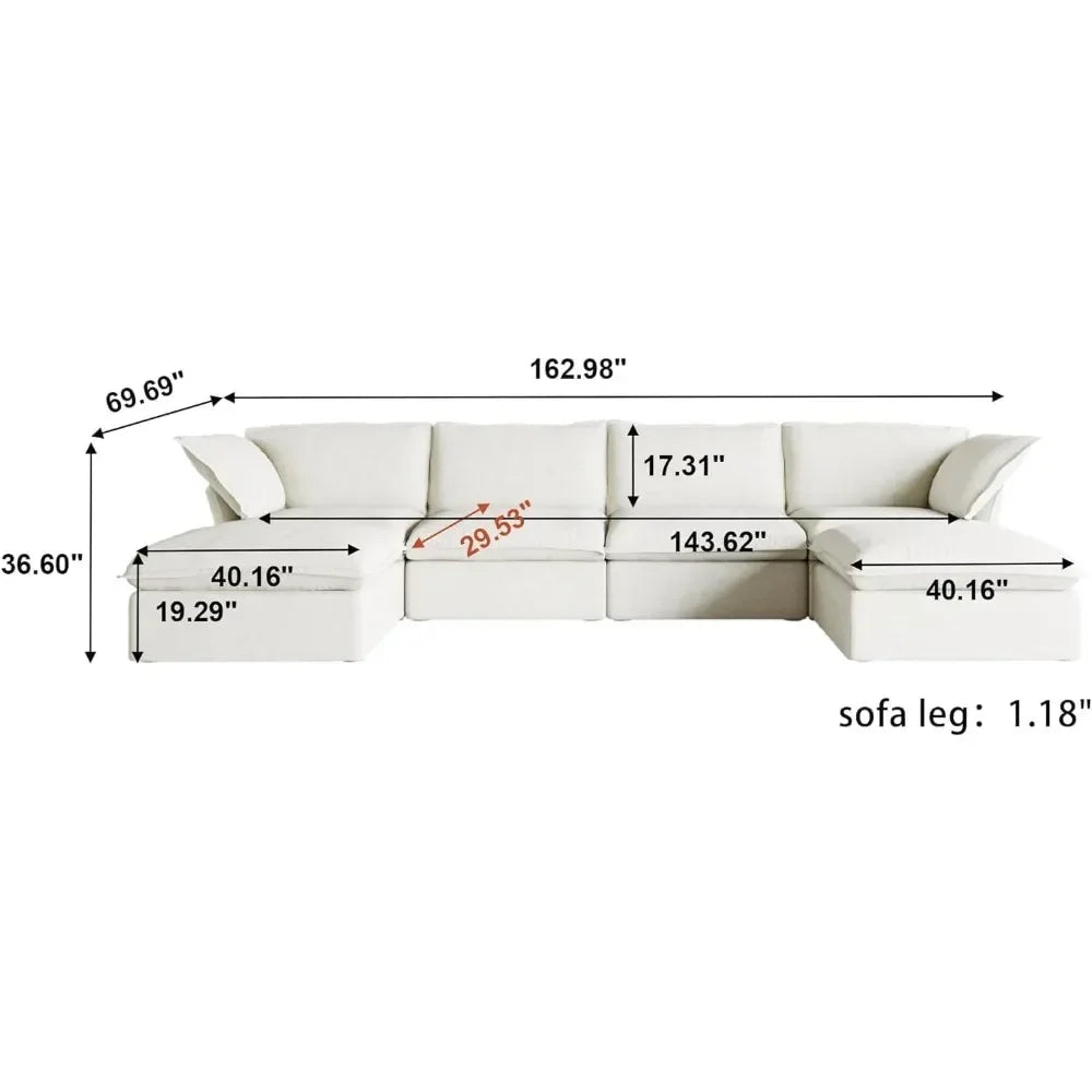 U-Shaped Sectional Couches, Deep 6-Seats  Convertible  Sofa
