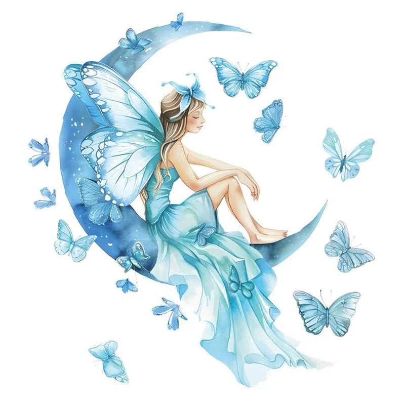 1Pc Cute Blue Girls Butterflies On The Moon Wall Stickers For Kids Room Decor Children Bedroom Decoration Living Room Wall Decal