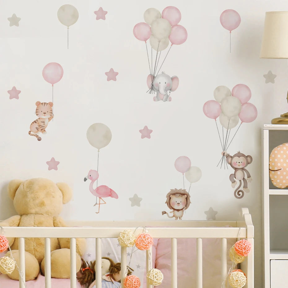 Cartoon Animals Elephant Planet Stars Balloon Wall Stickers