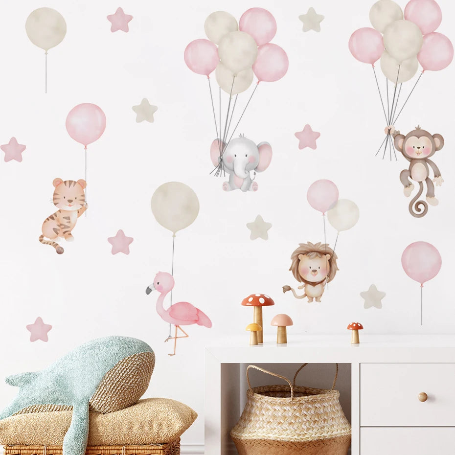 Cartoon Animals Elephant Planet Stars Balloon Wall Stickers