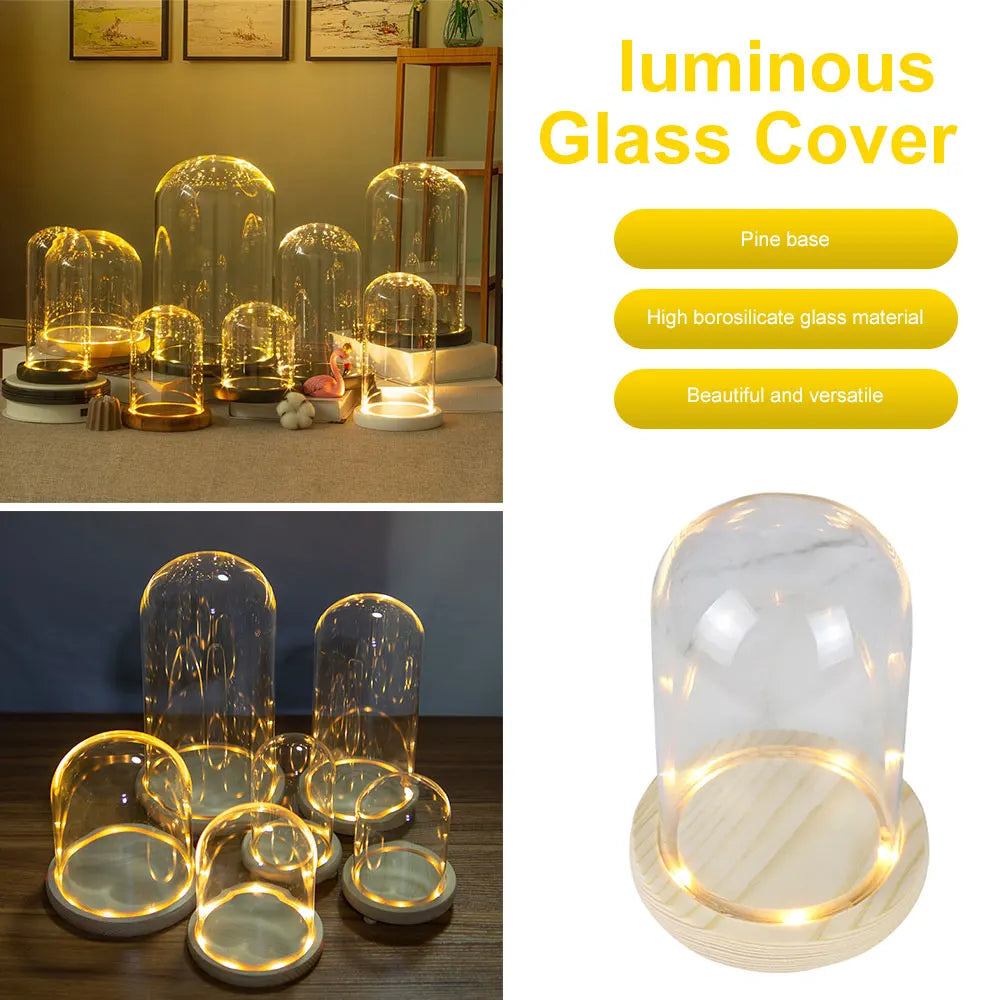 Glass Dome Wooden Base With LED Light Landscape Vase Dry Flower Cloche Cover DIY Succulent Plants Container Holder Bedroom Decor