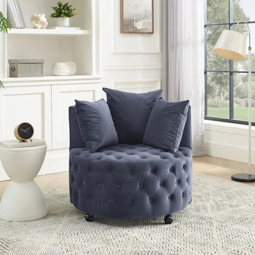 Velvet Swivel Chair, Button Tufted Design, w/ 3 Pillows