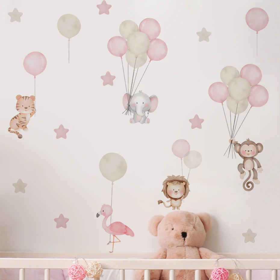 Cartoon Animals Elephant Planet Stars Balloon Wall Stickers