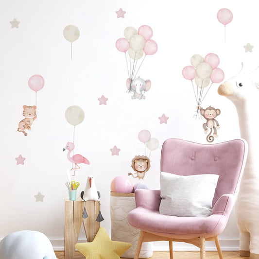 Cartoon Animals Elephant Planet Stars Balloon Wall Stickers