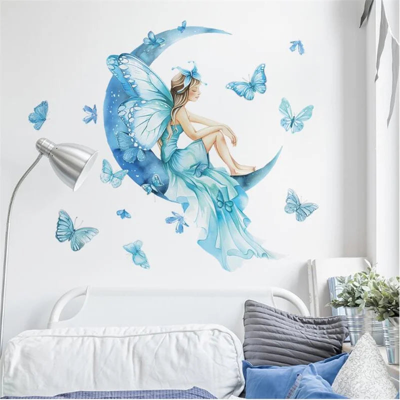 1Pc Cute Blue Girls Butterflies On The Moon Wall Stickers For Kids Room Decor Children Bedroom Decoration Living Room Wall Decal