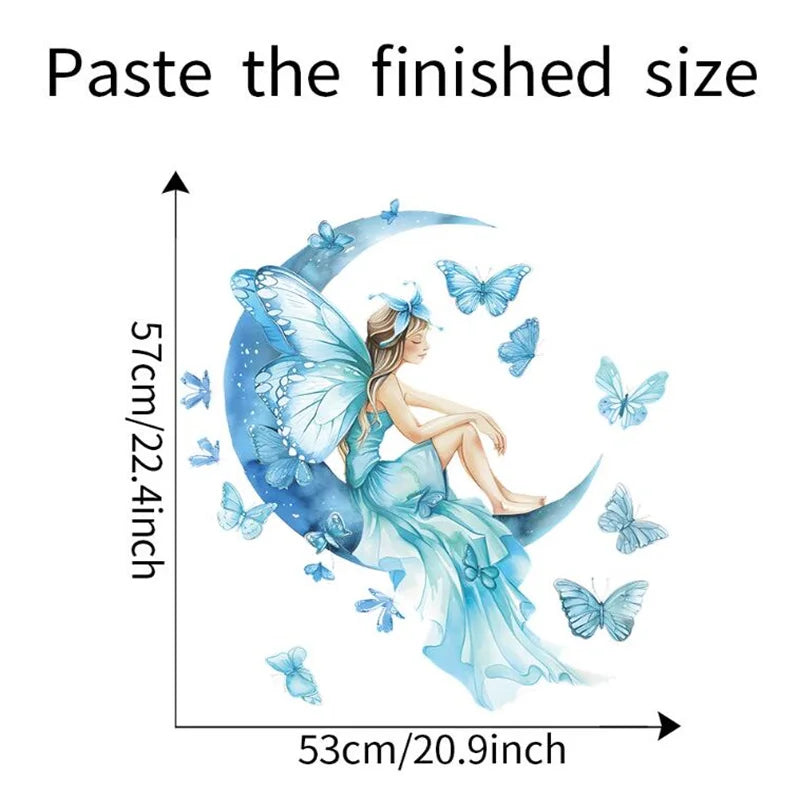 1Pc Cute Blue Girls Butterflies On The Moon Wall Stickers For Kids Room Decor Children Bedroom Decoration Living Room Wall Decal