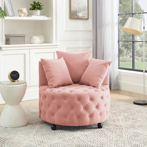 Velvet Swivel Chair, Button Tufted Design, w/ 3 Pillows