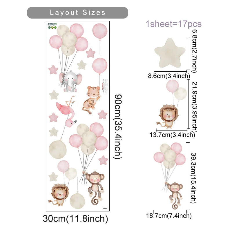 Cartoon Animals Elephant Planet Stars Balloon Wall Stickers