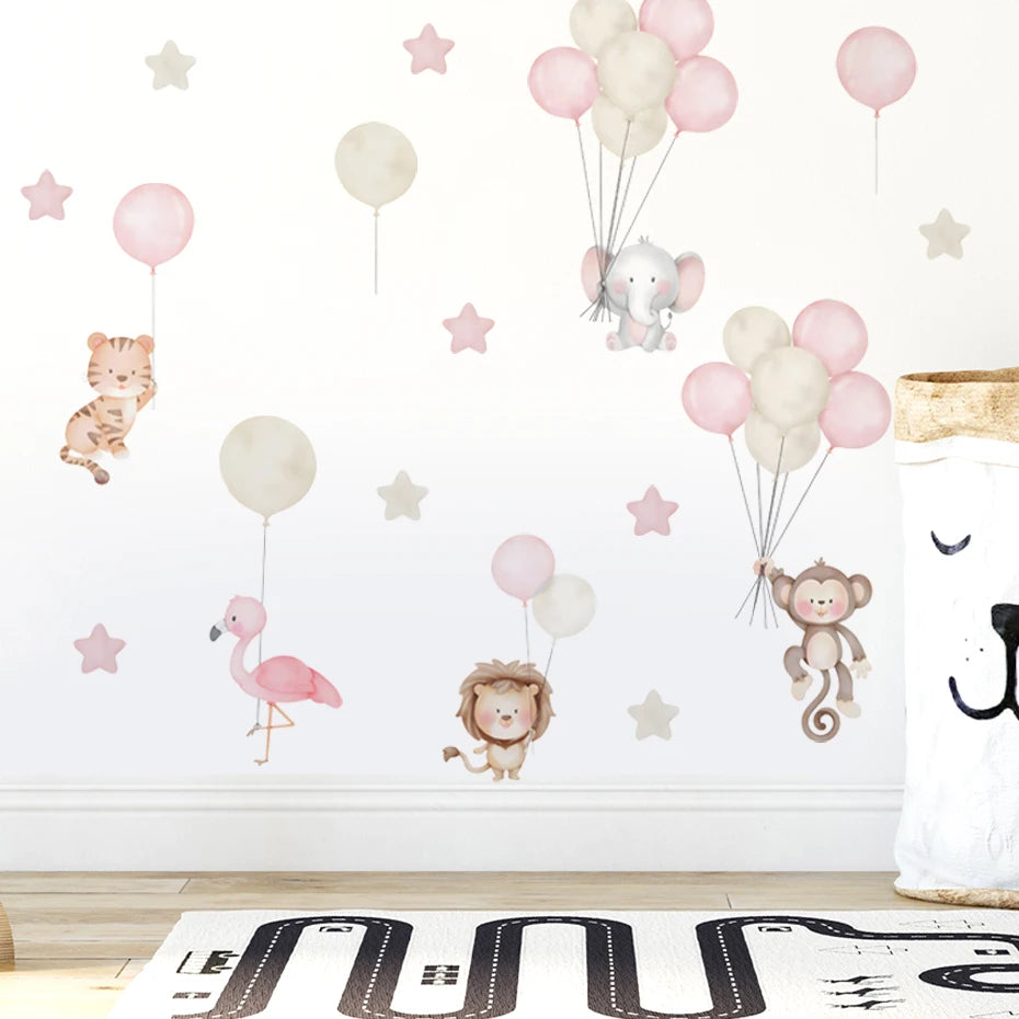 Cartoon Animals Elephant Planet Stars Balloon Wall Stickers