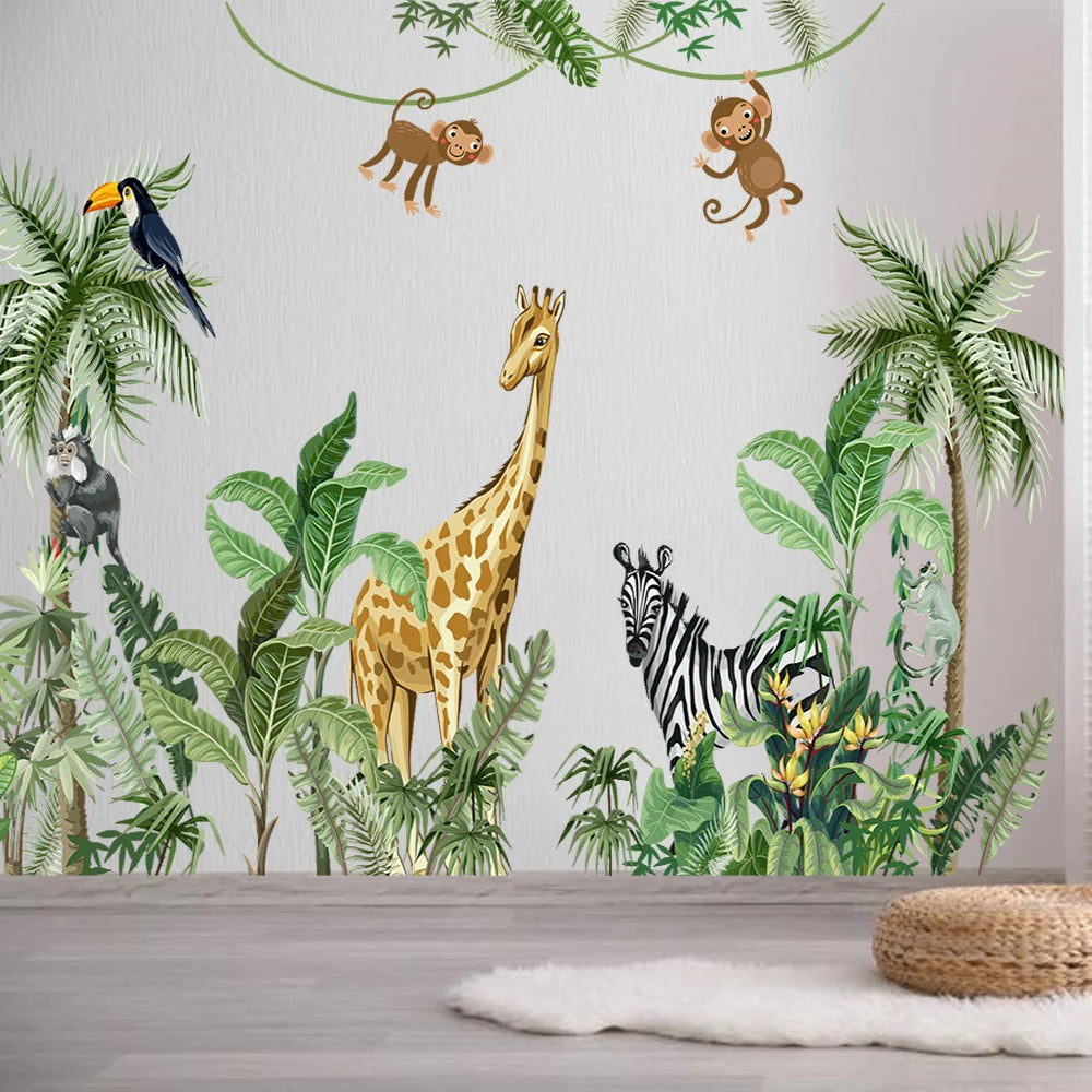 Large Funny Jungle Giraffe Zebra Monkey Door Decor Wall Decals
