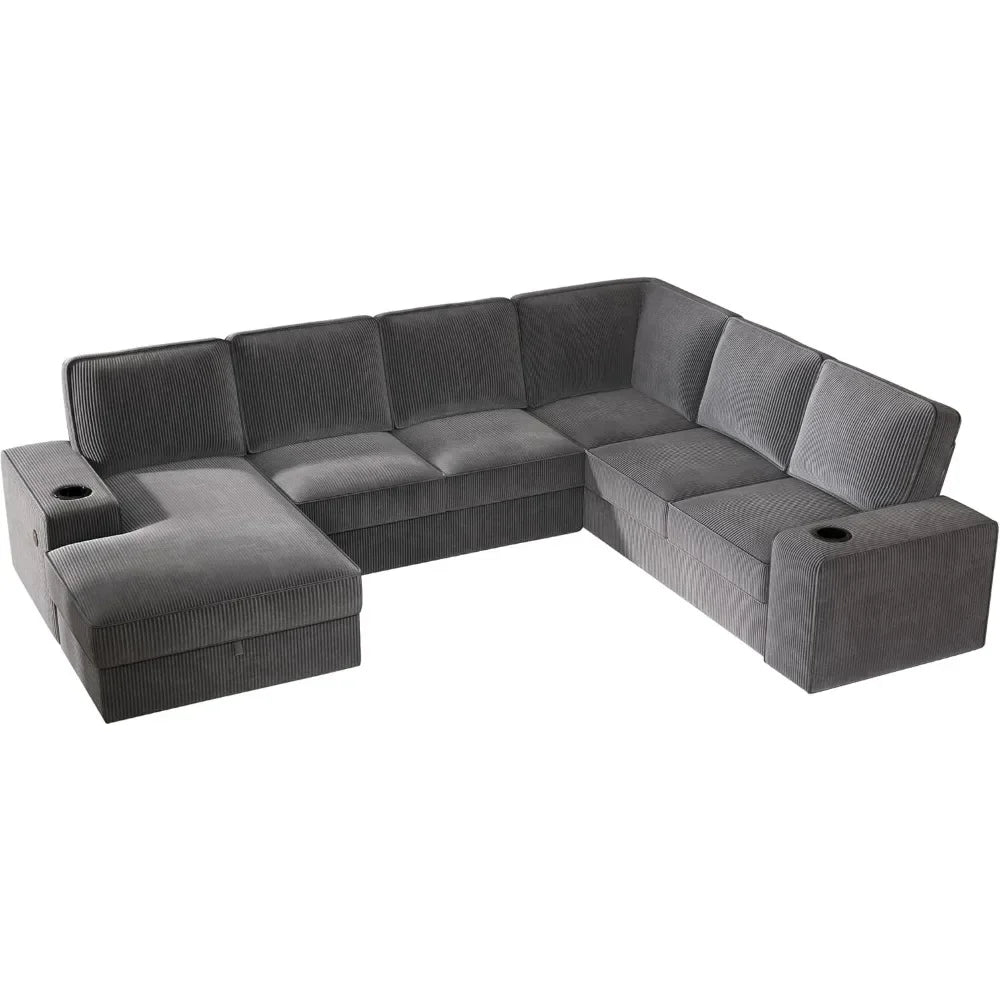 Oversized Sofa, 112 inch U Shaped Sofa with Corduroy Grey