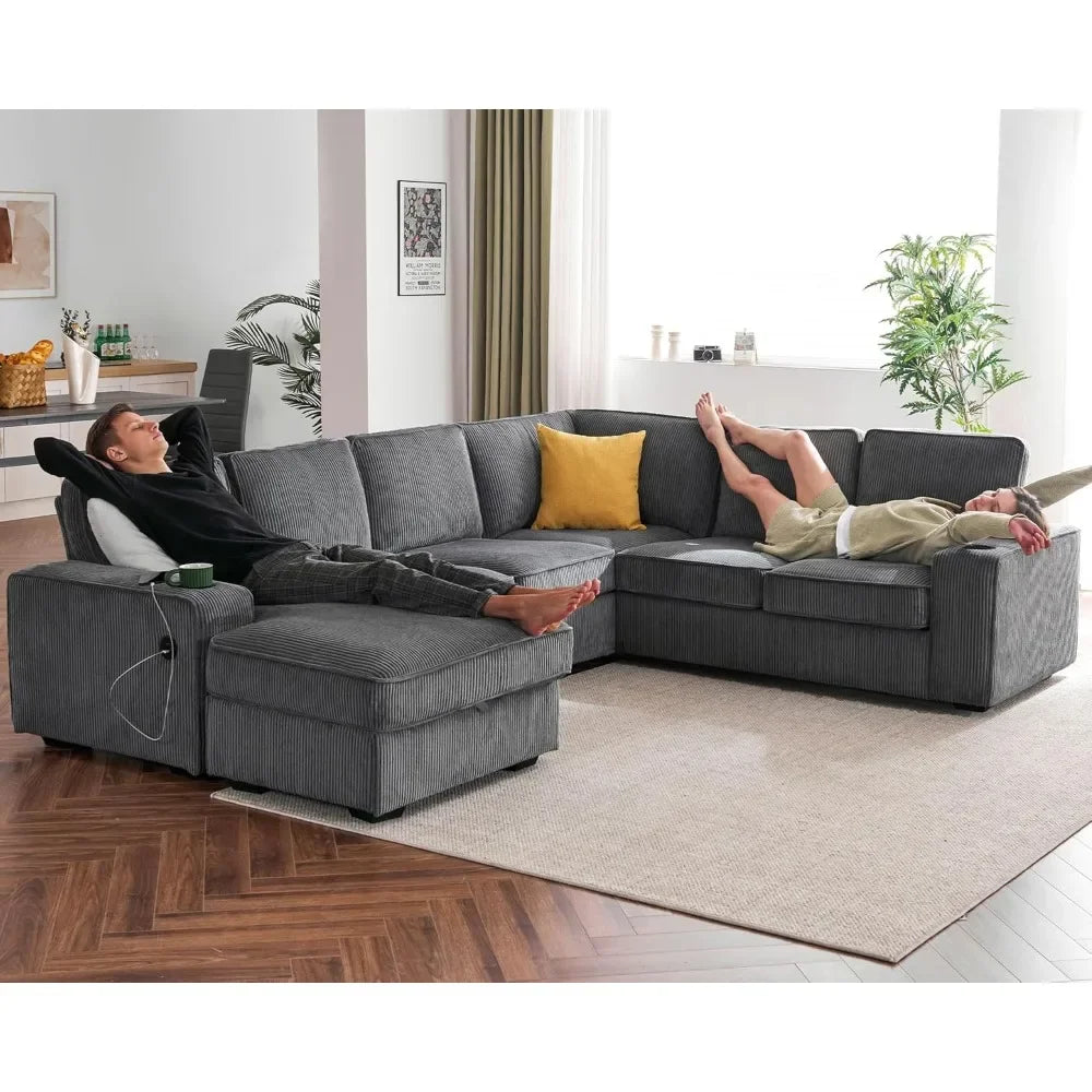 Oversized Sofa, 112 inch U Shaped Sofa with Corduroy Grey