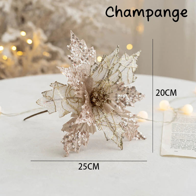 Glitter Sequin Christmas Flower Artificial Flower for Christmas Tree Decorations Big Xmas Fake Flower New Year Home Decor