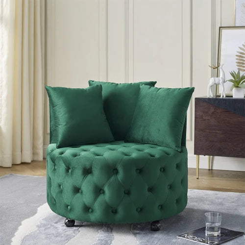 Velvet Swivel Chair, Button Tufted Design, w/ 3 Pillows