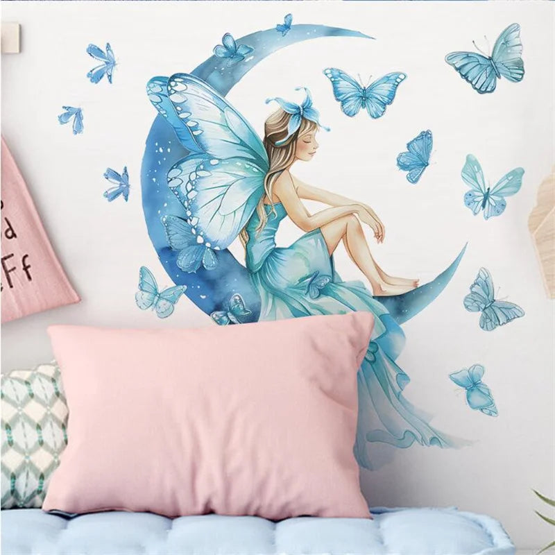 1Pc Cute Blue Girls Butterflies On The Moon Wall Stickers For Kids Room Decor Children Bedroom Decoration Living Room Wall Decal