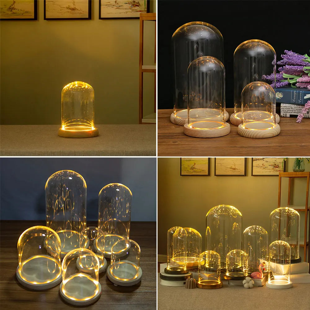 Glass Dome Wooden Base With LED Light Landscape Vase Dry Flower Cloche Cover DIY Succulent Plants Container Holder Bedroom Decor