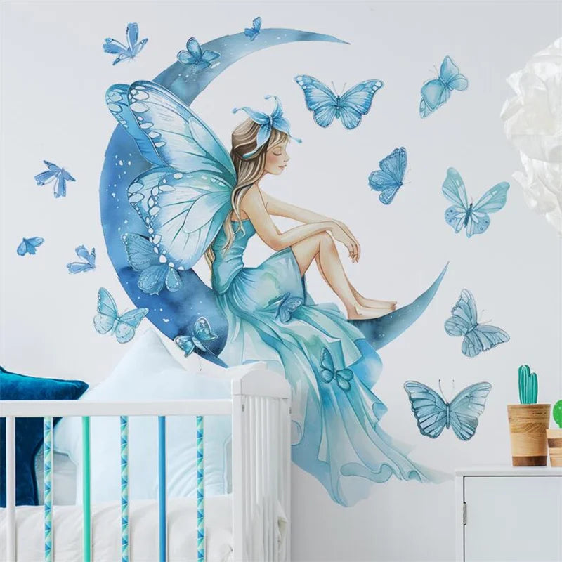 1Pc Cute Blue Girls Butterflies On The Moon Wall Stickers For Kids Room Decor Children Bedroom Decoration Living Room Wall Decal