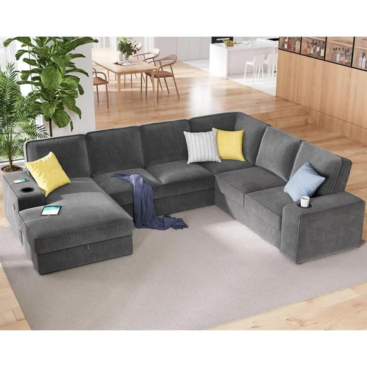 Oversized Sofa, 112 inch U Shaped Sofa with  Corduroy Grey