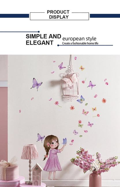 Flower little girl color butterfly wall sticker background wall room decoration wall sticker self-adhesive wall sticker