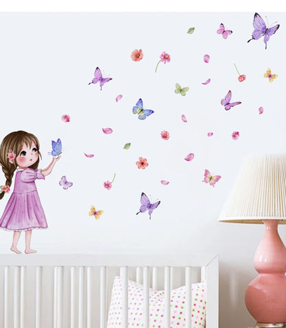 Flower little girl color butterfly wall sticker background wall room decoration wall sticker self-adhesive wall sticker
