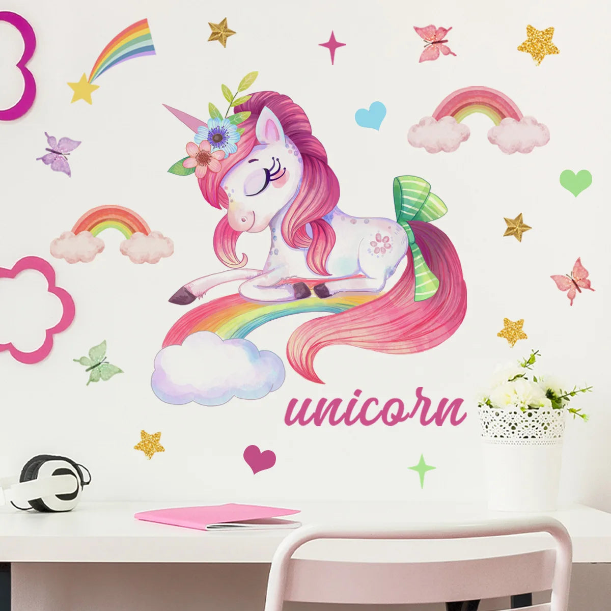 Smiling Unicorn Wall Stickers Background Wall Decor