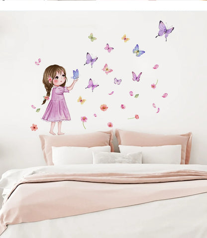 Flower little girl color butterfly wall sticker background