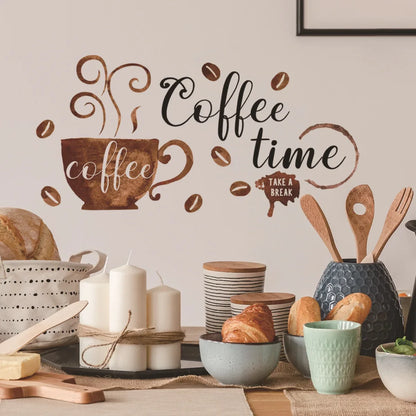 Creative Coffee Cup Pattern Wall Stickers Cafe Kitchen Bar Decor Cabinet Art English Home Decoration Self-adhesive Wallpaper