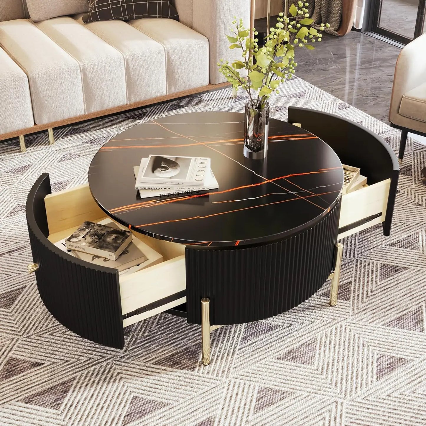 Coffee Table, Modern Round with Drawers Assemble,
