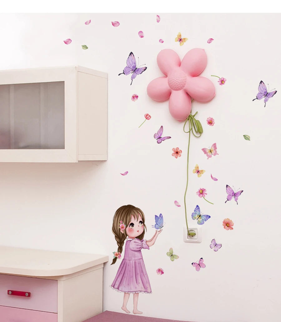 Flower little girl color butterfly wall sticker background