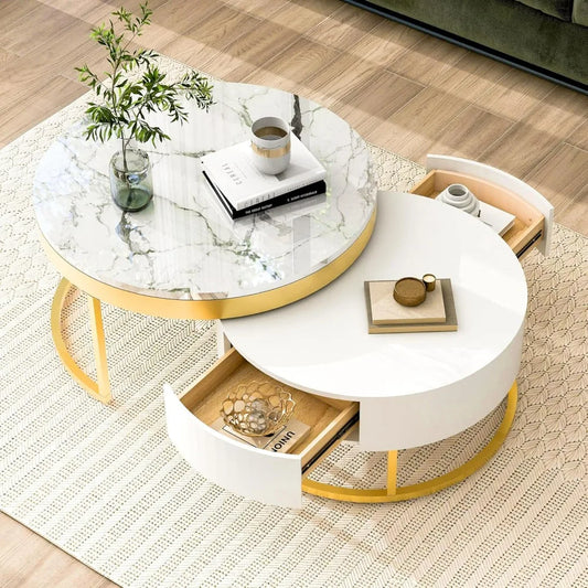 Coffee Table, Modern Round with Drawers Assemble,
