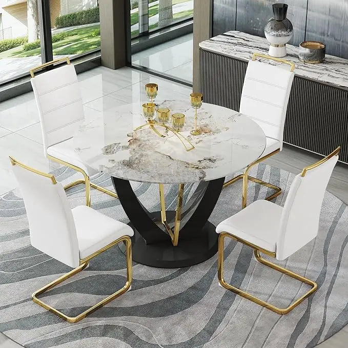 marble tabletop 4 cushioned chairs, modern kitchen table