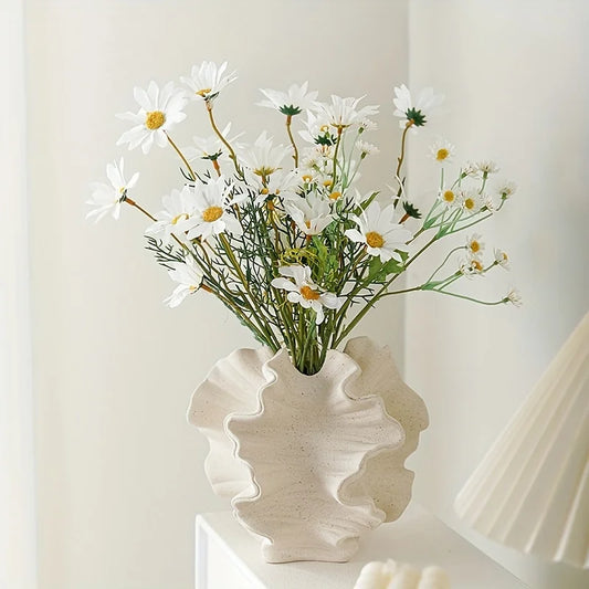 Ceramic Vase Geometric Wavy Patterns Petal Shape