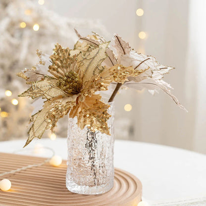 Glitter Sequin Christmas Flower Artificial Flower for Christmas Tree Decorations Big Xmas Fake Flower New Year Home Decor