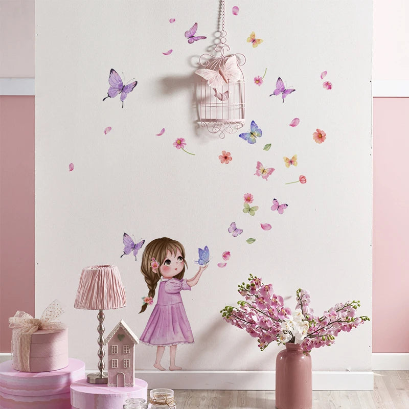 Flower little girl color butterfly wall sticker background