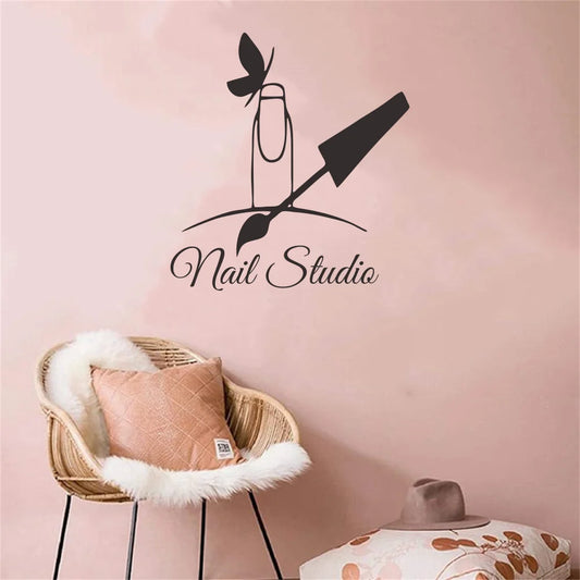 Self-adhesive Removable Vinyl Home Decor Sticker "Nail Studio" Butterfly Nail Art Perfect for Nail Salons Wall Decors  JZY362