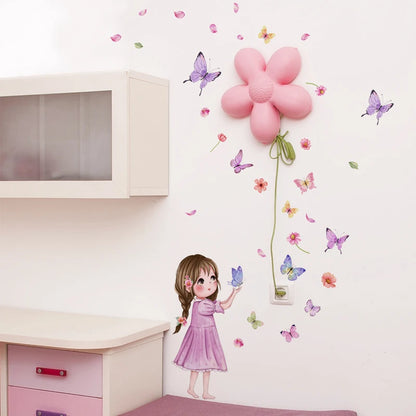 Flower little girl color butterfly wall sticker background