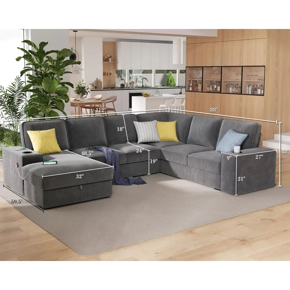 Oversized Sofa, 112 inch U Shaped Sofa with  Corduroy Grey