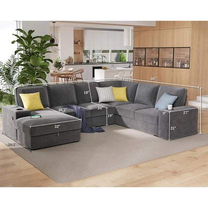 Oversized Sofa, 112 inch U Shaped Sofa with  Corduroy Grey