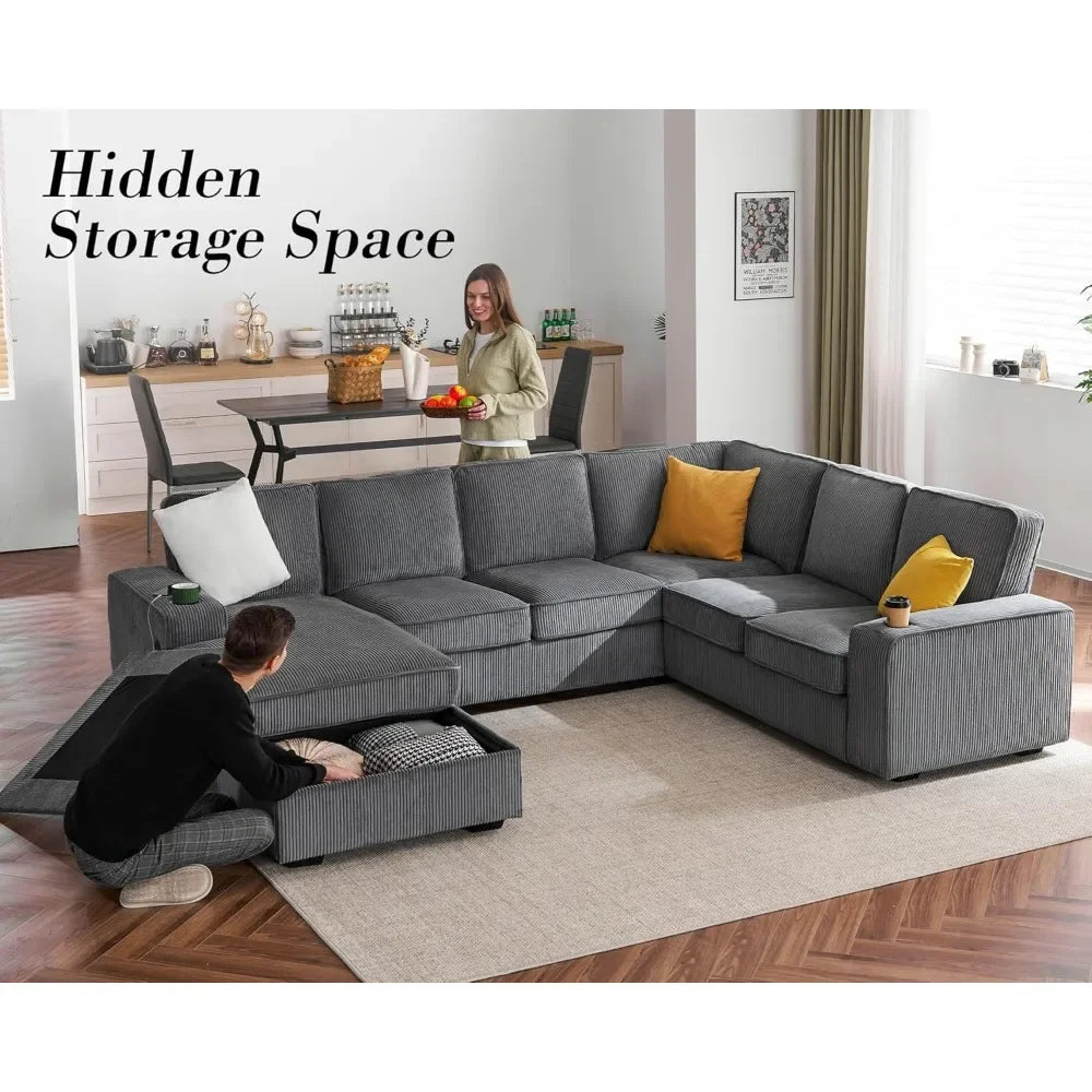 Oversized Sofa, 112 inch U Shaped Sofa with  Corduroy Grey
