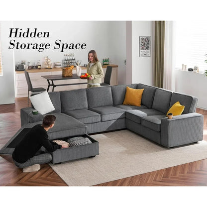 Oversized Sofa, 112 inch U Shaped Sofa with  Corduroy Grey