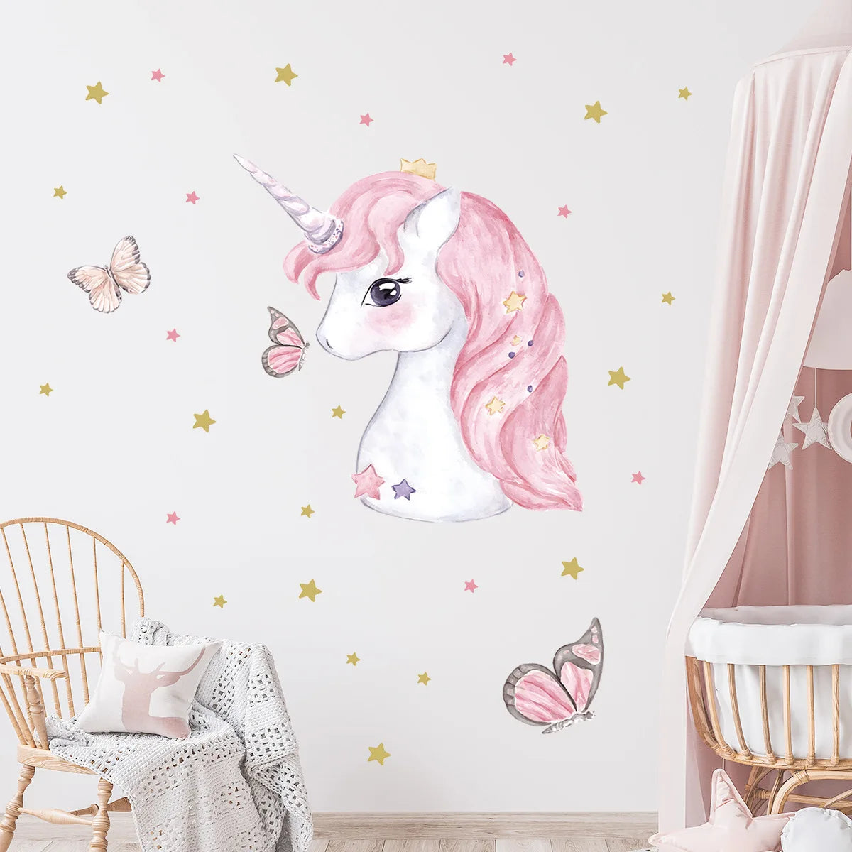 Cartoon Pink Unicorn Butterfly Wall Stickers Baby