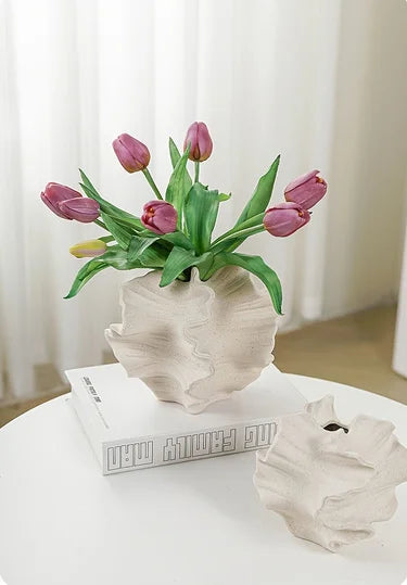 Ceramic Vase Geometric Wavy Patterns Petal Shape