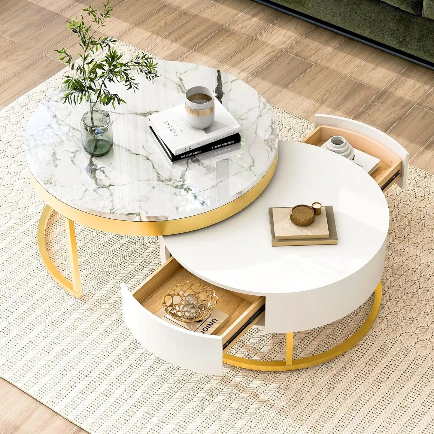 Coffee Table, Modern Round with Drawers Assemble,
