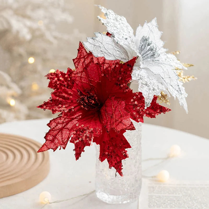 Glitter Sequin Christmas Flower Artificial Flower for Christmas Tree Decorations Big Xmas Fake Flower New Year Home Decor