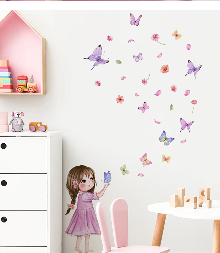 Flower little girl color butterfly wall sticker background