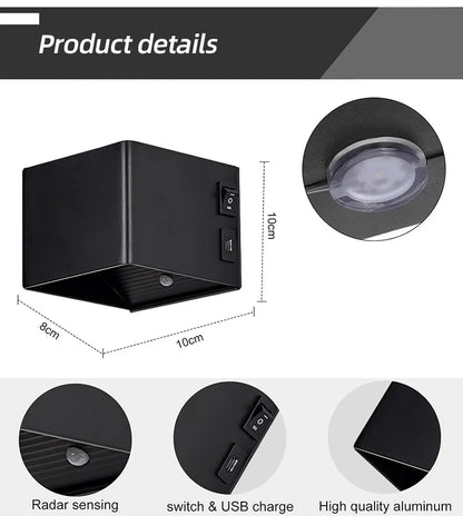 USB Rechargeable LED Wall Lamp With Motion Sensor Aluminium Interior Wall Light For Bedroom Corridor Stairs Loft Night lighting