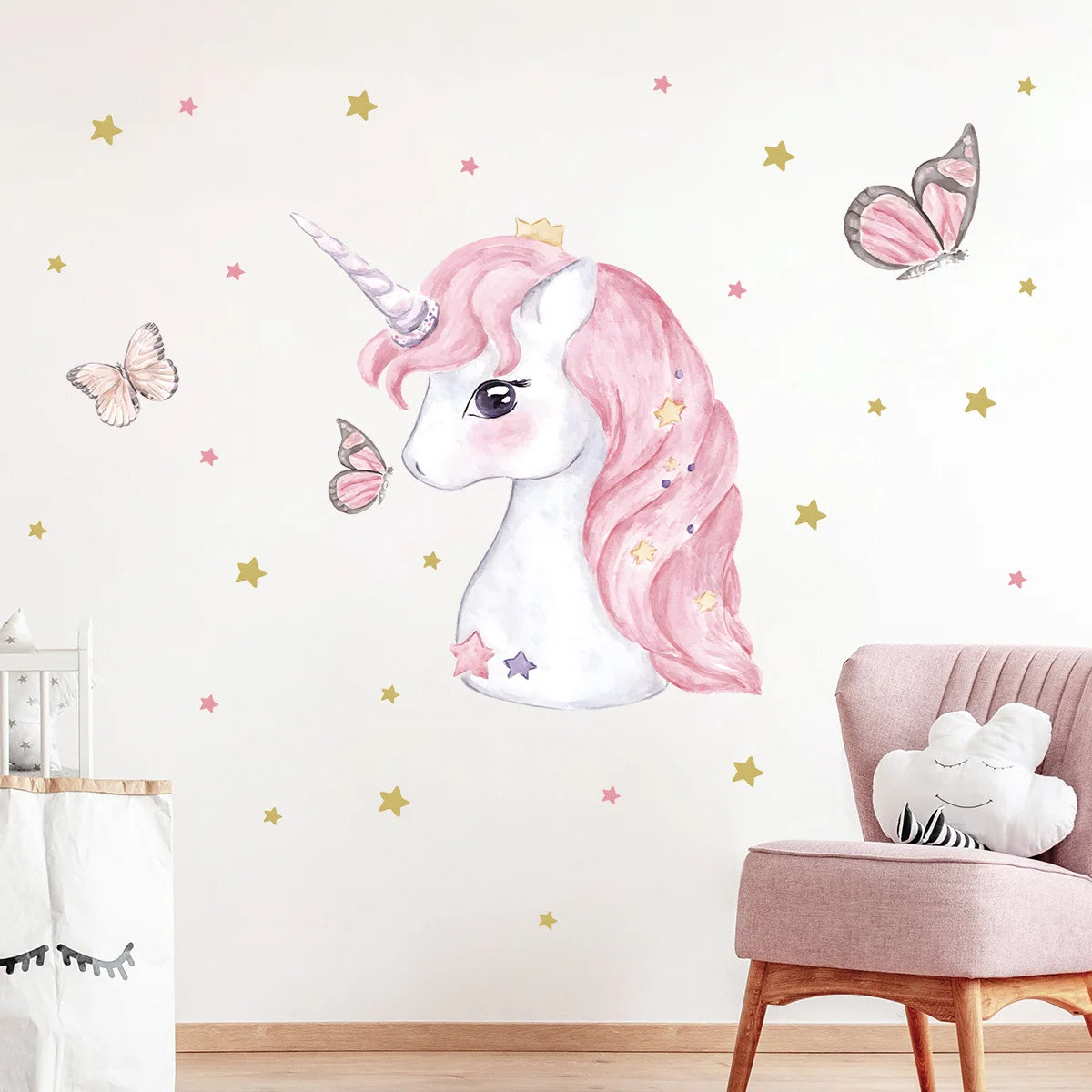 Cartoon Pink Unicorn Butterfly Wall Stickers Baby
