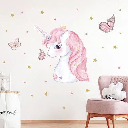 Cartoon Pink Unicorn Butterfly Wall Stickers Baby