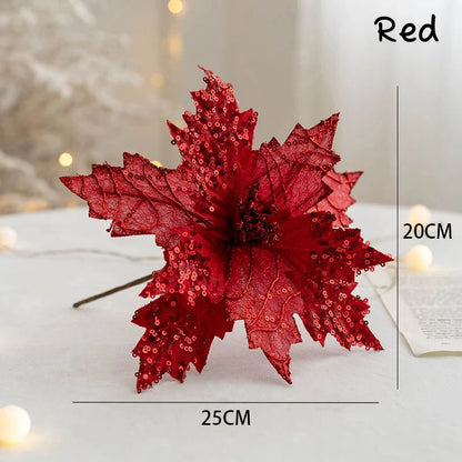 Glitter Sequin Christmas Flower Artificial Flower for Christmas Tree Decorations Big Xmas Fake Flower New Year Home Decor
