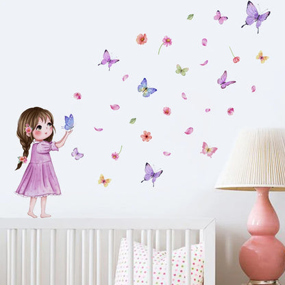 Flower little girl color butterfly wall sticker background wall room decoration wall sticker self-adhesive wall sticker